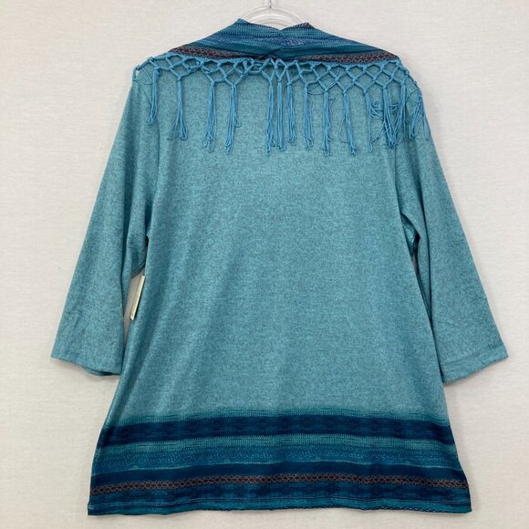 New Cactus + Pearl Large Blue 3/4 Sleeve Stretch Knit Scarf Boho Print Top - Picture 7 of 8